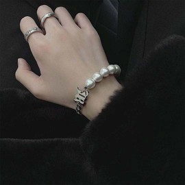Dervivea Punk Letter Pearl Necklace Bracelet Silver Initial Beads Bracelet White Pearl Bracelets Hand Chain Metal Curb Chain Bracelet Hip Hop Bracelet Jewellery for Women and Girls, Zinc