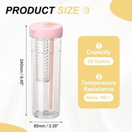 sourcing map Fruit Infuser Water Bottle 850ml / 29 oz Plastic LeakProof Shatter Proof Water Bottle with Foldable Straw for Gym Camping Travel Cold Drinks, Pink