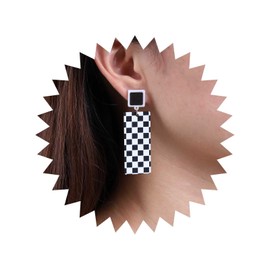 Inateannal Vintage Acrylic Checked Dangle Earrings Black White Checked Earrings Acrylic Rectangle Checked Earrings Long Resin Black White Stripes Earrings Jewellery for Women and Girls, Zinc, No