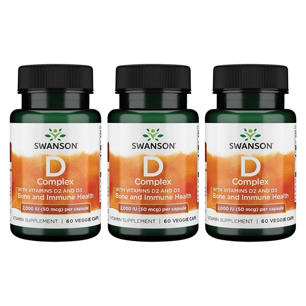 Swanson Vitamin D Complex with Vitamins D2 & D3 - Complete Sunshine Vitamin Complex for Bone, Dental & Immune Health - Vitamin Supplement ( 50 mcg, 60 Veggie Capsules ) 3 Pack