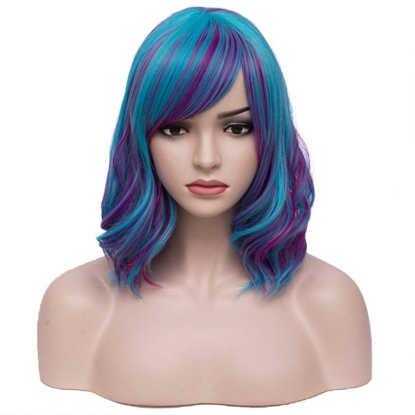 BERON Blue Purple Wig Women's Short Wavy Blue Wig with Bangs Halloween Cosplay Synthetic Wigs (Blue Purple)