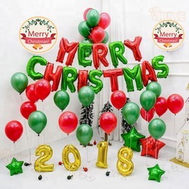 Merry Christmas Banner, 16 Inch Green Red Foil Mylar Helium Balloons Banner for Indoor Outdoor Office Christmas Party Decorations Supplies | Red Green