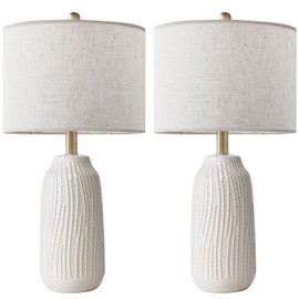 23" Ceramic Table Lamp Set of 2, 3-Way Dimmable Ceramic Table Lamp for Bedroom Farmhouse Bedside, Wicker White Desk Lamps Office Reading Lamp | Lamp for Living Room, Desk, LED Bulb Included