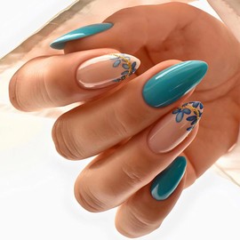 MERVF Almond Press on Nails Medium Fake Nail Lake Blue Glue ons Leaf Flower French Design Stiletto Acrylic Elegant Summer Glitter Art Manicure Glossy 24pcs