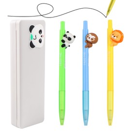 YnewL Cute Animal Neutral Pen - Pack of 3 0.5 mm Black Ink, with Bring a Panda Pencil Case - Choose a Cute Design (Lion, Panda, Sloth)