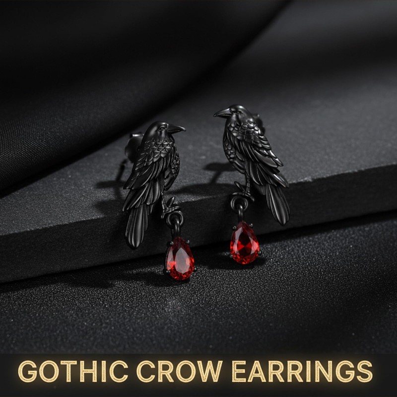 Gothic Raven Earrings Sterling Silver Black Crow Studs Earrings Hypoallergenic