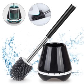 MEXERRIS Toilet Brush and Holder Set Stainless Steel with Soft Silicone Bristle, Sturdy Cleaning Toilet Bowl Brush Set for Bathroom Storage Organization - Tweezers Included (Black)