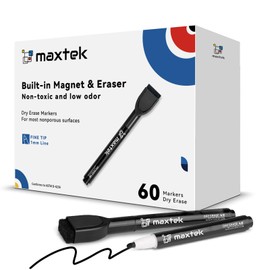 maxtek Magnetic Black Dry Erase Markers, 60 Count Fine Tip Whiteboard Markers with Eraser, Low Odor for Classroom, Office, Home