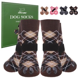 EXPAWLORER Dog Socks to Prevent Licking Paws,4 Pcs Double Sided Anti Slip Dog Socks with Grippers for Hardwood Floors,Dog Shoes Booties for Small Medium Large Senior Dogs,British Style,Brown M