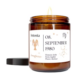 Kerze Sternzeichen Jungfrau Personalisiert mit Namen & Datum - Duftkerze Vanille im Glas - 100% Sojawachs – Personalisiertes Geschenk zum Geburtstag (Jungfrau)