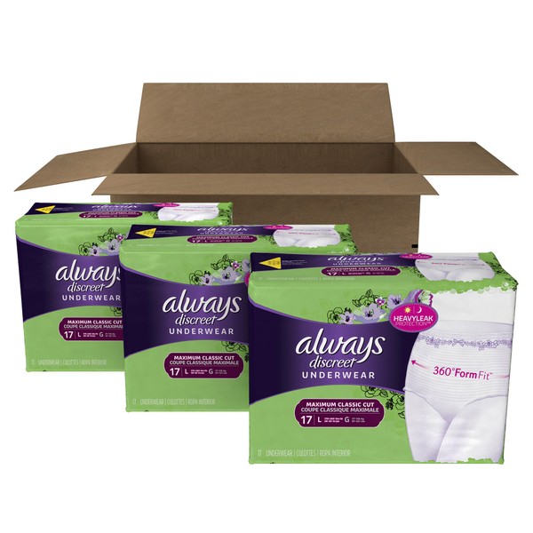 Always Discreet Incontinence & Postpartum Underwear for Women, Disposable, Maximum Absorbency, Large, 51 Count