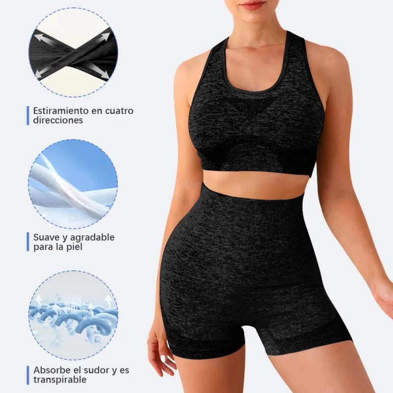6pzs Pantalones Corto+bra Conjunto Licra Deportivo Gym Mujer
