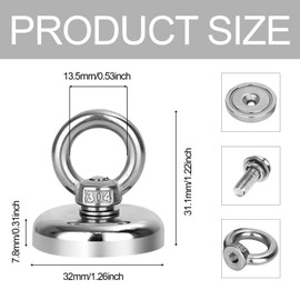 Pack of 6 Neodymium Eyelet Magnet, 32 mm Magnetic Hooks, Super Strong Magnets Load Capacity 32 kg with Lifting Rings and Screws for Indoors, Workshop