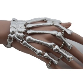 TFJ Women Silver Metal Hand Chain Slave 5 Rings Fingers Bracelet Skeleton Skull Pirate Bones