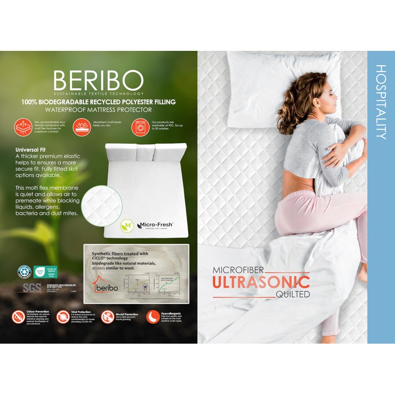 BERIBO Waterproof Mattress Protector - Quilted, 135x190cm + 30cm Deep