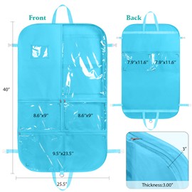 Kntiwiwo Kids Garment Bags for Dance Costumes, 40 Inch Dance Competition Costume Bag, 3 Medium Clear Zipper Pockets and 2 Back Zippered Pockets with 1 xPendant, 3 x Badge (Blue)