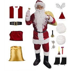 Christmas Clothing Costumes 13Pcs , Deluxe Velvet Christmas Santa Suit Outfit Jacket Adults Santa Costumes with Gloves - Size: XXL