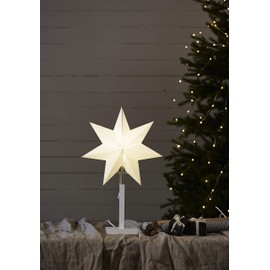 Star Trading Christmas Star Chequered Table Lamp, 3D Paper Star Christmas in White with Wooden Base in White, Decorative Star Table Lamp with Cable Switch, E14, Height: 52 cm