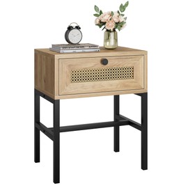 GAOMON Nightstand with Rattan Drawer, Rattan End Table with Metal Frame, Bed Side Table with Open Storage, for Bedroom, Living Room, Dormitory - Natural