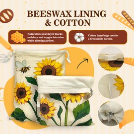 MIQQFUT Beeswax Bread Bags for Sourdough 2 Pack 13"x17" Eco-Friendly Reusable Linen Cotton Storage Bags with Zipper Closure for Homemade Bread Fresh-Keeping, Freezer-Safe Sunflower