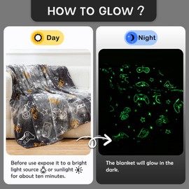 SOCHOW Gaming Glow in The Dark Blanket 127cm × 150cm, Game Controller Soft Cozy Flannel Fleece Blanket for Boys Teens Adults, Birthday Gifts Bedroom Decor Blanket, Grey