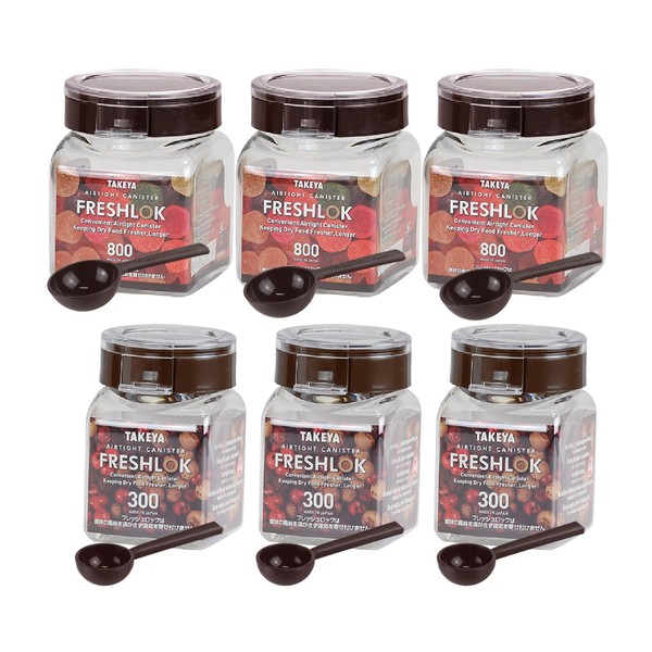 Takeya Official Fresh Lock Assorted Set, B, Charcoal Brown, 300, 800, 3 Each, 6 Piece Set, Spoon Included, Storage Container, Airtight Canister, TAKEYA