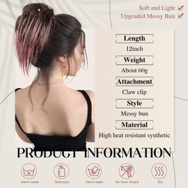 PORSMEER Ponytail Extensions with Clip Short Straight Hair Scrunchie Clip in Hairpiece Ponytail Natural Synthetic Hair Hair Extensions Messy Bun Ombre Pink for Women Girls