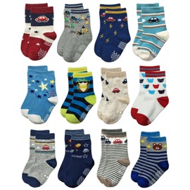 RATIVE Non Skid Anti Slip Cotton Crew Baby Babies Infant Infants Socks for Boy Boys 6-9 6 9 12 Month Months Old With Walker Grip Grippers (6-12 Months,12-pairs/RB-71218)