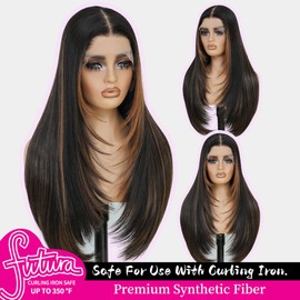 Sheshakewave Synthetic 13x4 HD Lace Front Wigs Pre Plucked Skunk Stripe Brown with Black 26 Inch Long Layered Straight 100% Futura Premium Lace Wigs For Women Ready to Wear Wig Daily Party Use