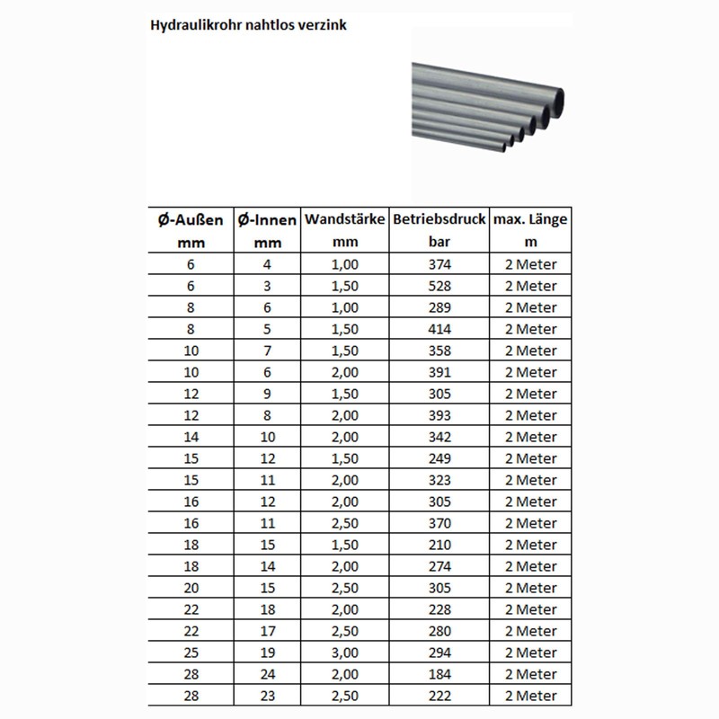 Hydraulic Pipe Seamless Galvanised 6 x 1.0-10 x 2 Metres