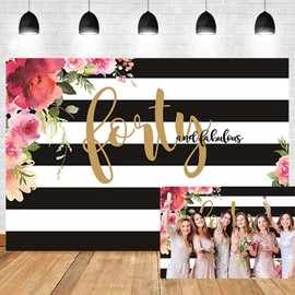 OERJU Forty and Fabulous Backdrop Black and White Stripe 40th Birthday Photography Backdrop Pink Floral Flowers Women Happy 40th Birthday Party Decoration Background Shoot Vinyl Studio Prop 6x4ft