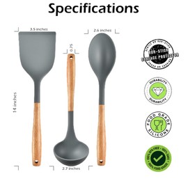 Pack of 3 Silicone Spatula Set 15 inches Large Heat Resistant 600F Flipper Cooking Fish Baking Egg Pancake Won't Scratch Kitchen Cookware, Turner Rubber Spatulas Ladle Spoon Skimmer Espatula (Gray)