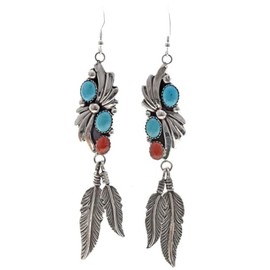 Navajo Turquoise Coral Drop Earrings Sterling Feathers French Hook Dangles 2442