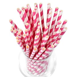 Lives on Green 7.75 inch Hot Pink Striped Paper Straws for Drinking - Unwrapped, 100 Counts - for Party, Wedding, Cocktail, Beverage