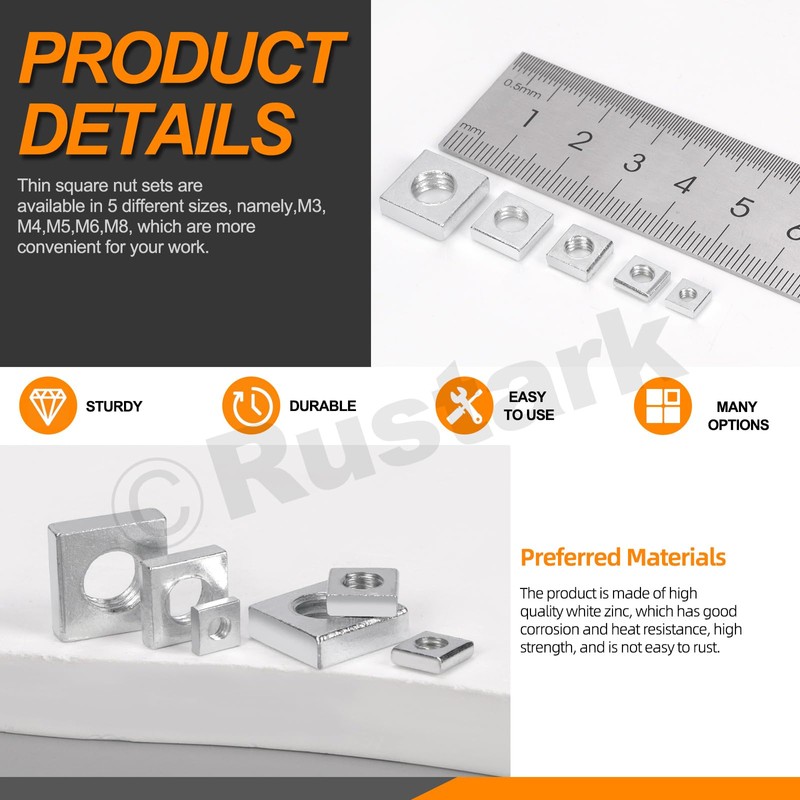 Rustark 90Pcs M3 M4 M5 M6 M8 Square Nuts Assortment