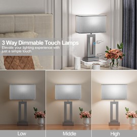 Bedroom Table Lamps Set of 2 - Grey Touch Bedside Lamps with USB C+A, 3 Way Dimmable Gold Lamp for Nightstand, Modern Night Stands Lamps for Living Room End Tables