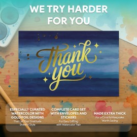 Decorably 50 Pack Gold-Foiled 6x4in Watercolor Thank You Cards with Envelopes and Stickers, 10 Vibrant Designs Folded Colorful Thank You Cards, Blank Inside - Birthday, Wedding, Bridal Shower