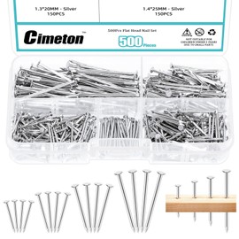 Cimeton 500Pcs 4 Sizes Silver Nail Assortment Kit 20MM 25MM 30MM 38MM Small Nails Wall Nails Hardware Nails Finishing Nails Steel Nails Hardware Nails for Concrete Brick Drywall(Silver)