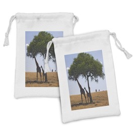Lunarable Giraffe Fabric Pouch Set of 2, Animals Standing Under the Tree's Shadow Wild Nature Scenery African Fauna Print, Small Drawstring Bag for Toiletries Masks and Favors, 9" x 6", Multicolor
