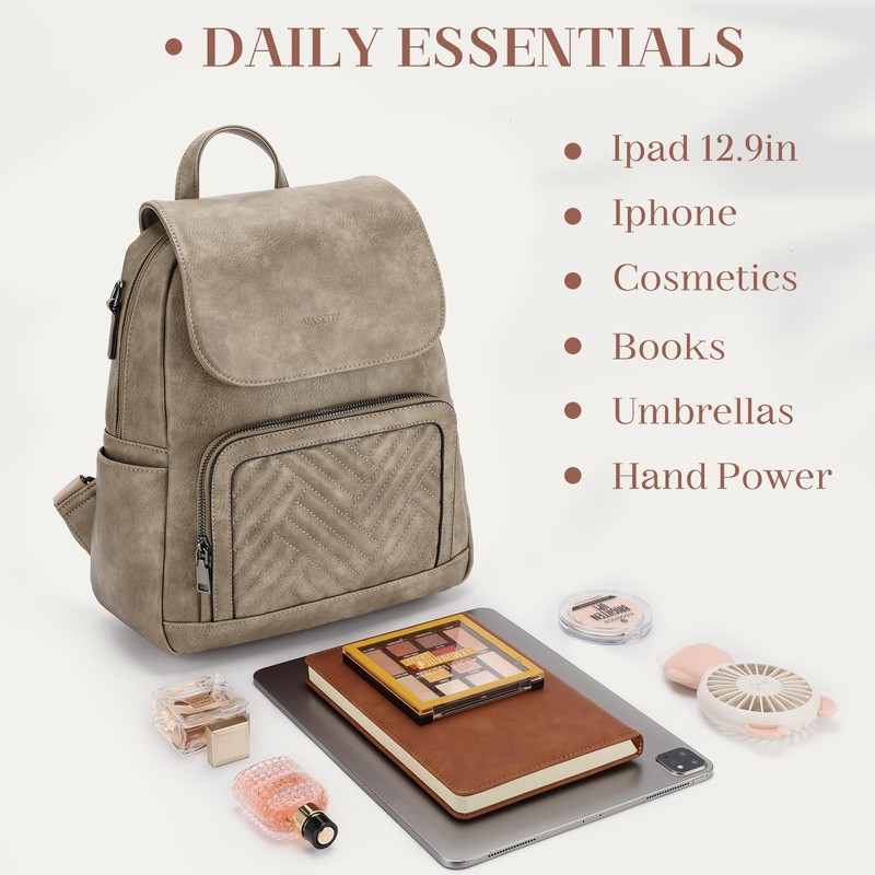VASCHY Backpack for Women, Chevron Quilted Vegen Leather Flap Backpack