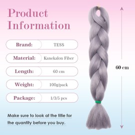 Tess Jumbo Braids, Hair Extensions, 60 cm, Kanekalon Synthetic Hair for Braiding, Box Braids, 100 g/Bundle, 1 Piece, Silver Grey