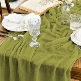 Artoid Mode Boho Grass Green Gauze Wedding Cheesecloth 90x300 cm Table Runner, Seasonal Fabric Kitchen Dining Holiday Table Decor for Home Party