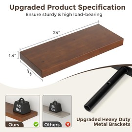 Floating Shelves for Wall, 24"Wx9.3"D USA-Sourced Douglas-Fir Solid Wood Rustic Wall Shelves with Heavy Duty Invisible Bracket, Nursery Book Storage Display Shelf for Bathroom, Set of 2, Walunt Finish