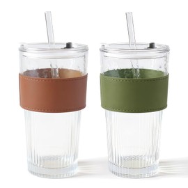 Guwithlu 20oz Glass Cups with Lids and Straws-2pack Glasses Tumbler with Sleeves Coffee Cups for Jumbo Smoothie, Bubble Tea, Cold Brew, Soda