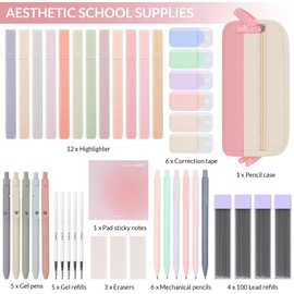 43 PCS Aesthetic School Supplies with Big Capacity Pen Case, 12 Pastel Highlighters, 5 Black Ink Gel Pens, 6 Mechanical Pencils (0.5 & 0.7 mm), Stationery Set for College Essentials, Pink