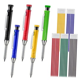 Professional 5-Pen Marking Set - 5 Pens + 30 Leads (Black/Blue/Red/Green/Yellow) - Built-in Sharpeners, Extended Nose for Deep Hole Scribing - DIY/Carpentry