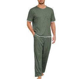 Andeip Loungewear for Men Cozy Pjs Set Round Neck Mens Pajama Set Soft Sleepwear Short Sleeve Top and Long Pants Green M