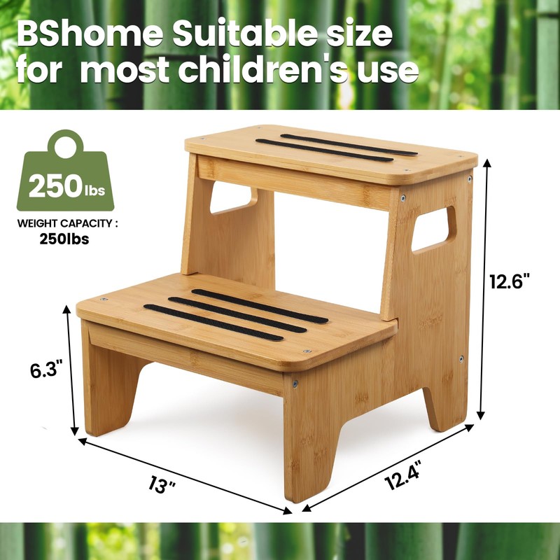Wooden Step Stools for Kids, Heavy Duty Bamboo 2-Step Stepping