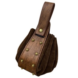 HiiFeuer Medieval Faux Leather Drawstring Bag Medieval Portable Coin Purse Studs Waist Bag Cube Bag for LARP Ren Faire, Brown B