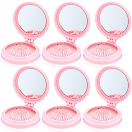 LemonRoad 6 Pack Foldable Travel Mirror Hair Brushes, Mini Mirror Comb, Round Portable Folding Pocket Hairbrush, Compact Small Size Massage Comb, Coquette Bow Party Favor for Women, Pink